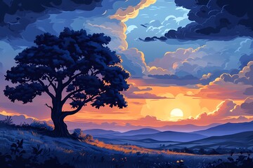 Serene Sunset Landscape. Dramatic Sky and Tree Silhouettes Over Peaceful Countryside