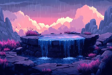 Vibrant Waterfall Illustration. Serene Digital Art Landscape with Vibrant Colors and Dreamlike Scenery