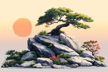 Serene Sunset Rock and Tree Landscape. A Vibrant Illustrative View of Asian Botanical Beauty
