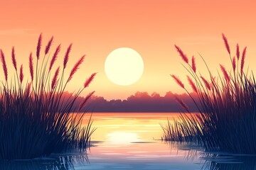 Sunset Magic. Rippling Water & Reeds in Tranquil Reflection Scenic Nature Photography