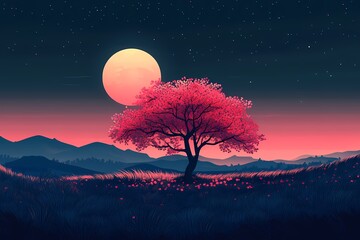 Magical Wilderness Landscape. Twilight Scenery with Pink Sunset & Moon Silhouette