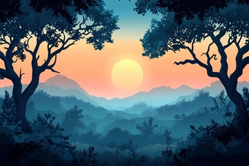 Vibrant Sunset Over Silhouetted Trees and Mountain Range. A Serene Nature Panorama with Colorful Sky