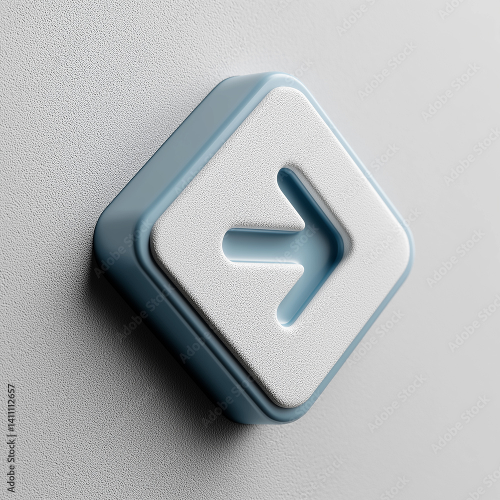 Poster white and blue rounded square button showing right arrow on white background