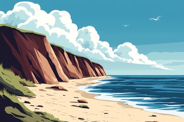 Sunny Coastal Cliffs and Vibrant Ocean Scenery. Idyllic Beach Landscape with Waves and Tranquil Horizon