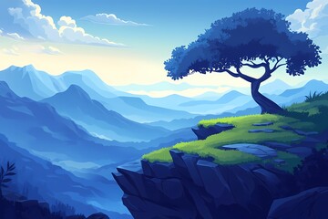 Tranquil Mountain Landscape Art. Silhouette Trees, Blue Sky & Misty Mountains in Vibrant Nature Scenery