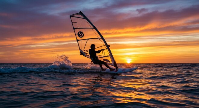 Windsurfer balancing on waves during sunset