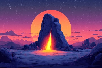 Dreamlike Fantasy Landscape. Majestic Rock Silhouettes Under Moonlit Dusk Sky in Vibrant, Atmospheric Digital Art Illustration