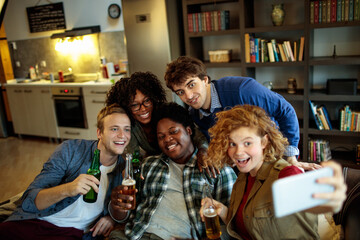 Young and diverse group of friends having a get together and taking selfies on a smartphone on the...