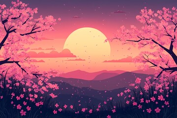 Serene Cherry Blossom Sunset. Vibrant Digital Landscape Illustration with Pink Sky and Mountain View