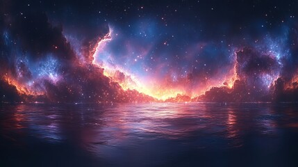 Celestial Seascape Fantasy Art: Starry Night Sky Reflecting on Calm Ocean Water