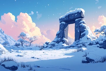 Magical Winter Wonderland. Serene Ancient Stone Arch in Snowy Landscape, Captivating Snow-Dusted Adventure with Wintry Magic