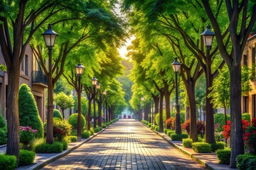 Obraz premium A sun-drenched tree-lined avenue whispers tranquility, promising a peaceful stroll on a warm, bright morning with soft light and a paved pathway.