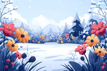 Vibrant Winter Wonderland. Colorful Snow-Capped Flowers and Mountains in Digital Art Landscape