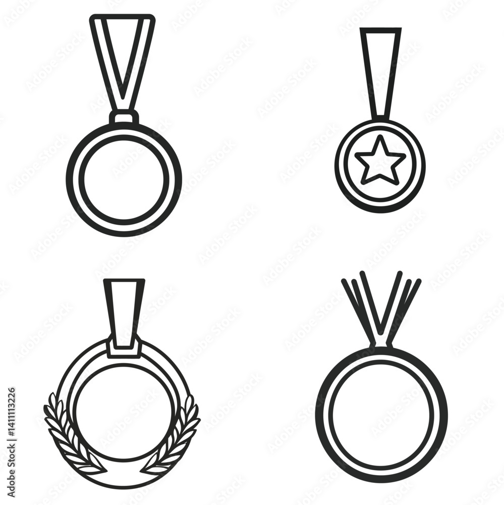 Poster set of four medals with ribbons icons in outline style on transparent background