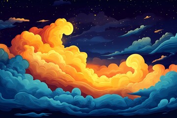 Vibrant Digital Art Illustration of Night Sky Clouds. A Colorful and Dreamy Abstract Artwork with Moody Orange and Blue Hues