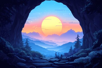 Vibrant Sunrise Mountain Landscape. Serene Nature and Mystical Digital Art Scenery