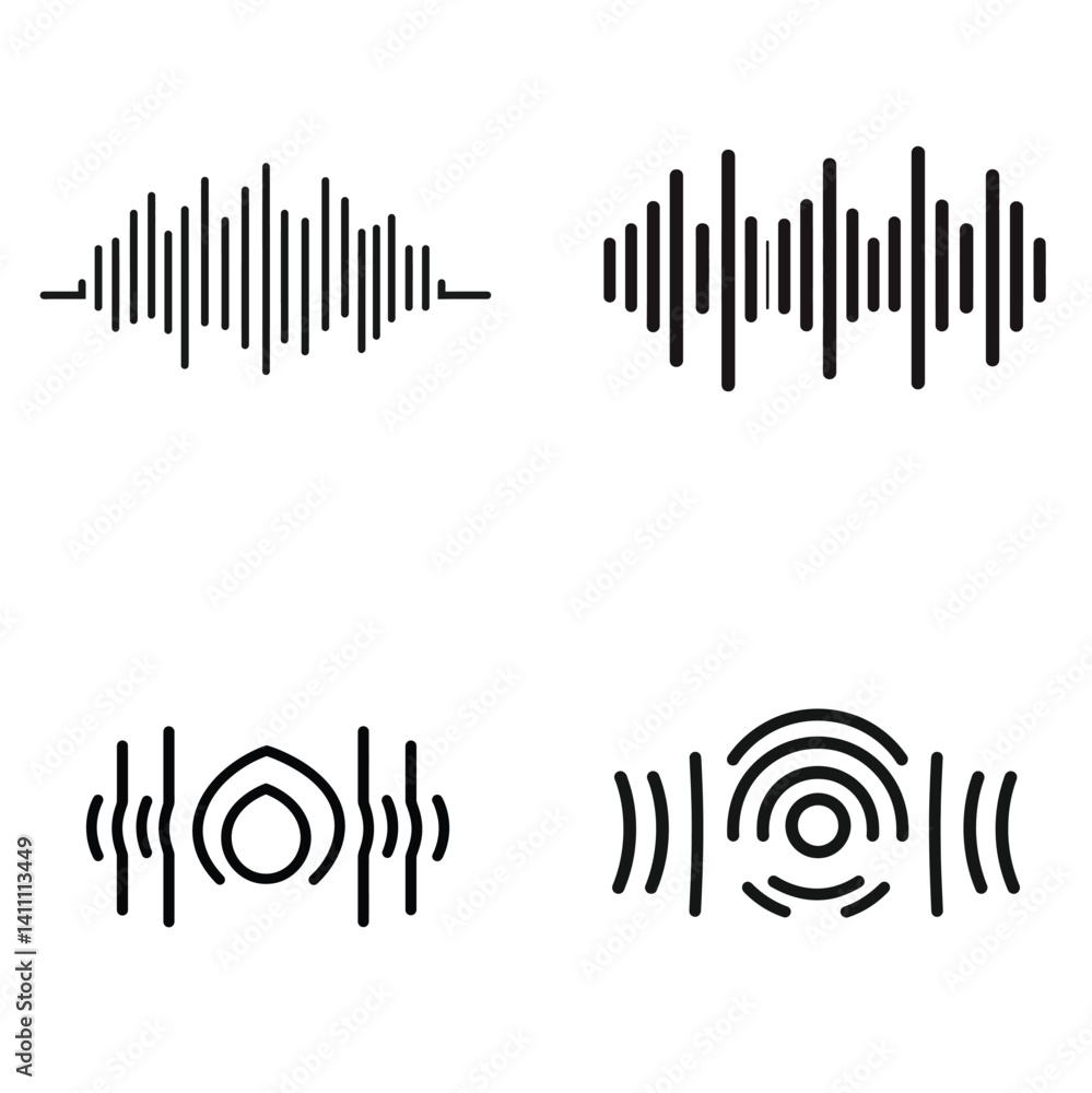 Poster set of four sound waveforms, black graphic elements on transparent background