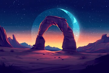 Vibrant Desert Archway at Night. Majestic Starry Sky and Rocky Landscape with Crescent Moon