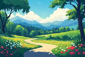 Idyllic Mountain Pathway. Vivid Scenic Landscape with Blooming Flowers under a Sunny Sky Nature Illustration
