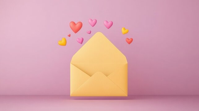 A cheerful yellow envelope is placed against a pink backdrop, with hearts of various colors floating above, symbolizing love and joy
