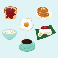 Vector Set of Delicious Breakfast Foods, toast, pancake, fried egg, cereal, nasi lemak and coffee