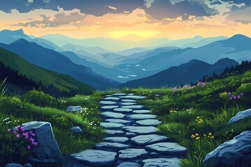 Captivating Mountain Pathway at Sunset. Scenic Nature Panorama for Hiking and Adventure Travel