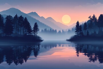 Serene Sunset Landscape. Majestic Mountain Reflections on a Calming Lake Tranquil Nature Photography