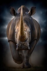 Naklejka premium A Majestic Rhino Walking Through a Dramatic Landscape Under a Moody Sky
