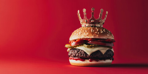 a hamburger topped with a regal crown, set against a vibrant red studio background, king of hamburgers concept