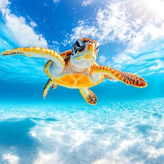 Obraz premium Majestic Sea Turtle Gracefully Swimming in Crystal Clear Tropical Ocean Water