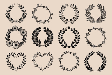 Obraz premium Floral wreaths black silhouettes isolated illustration, vector set
