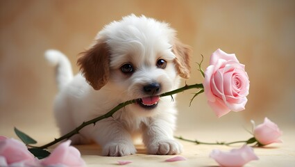 Cute puppy biting a rose