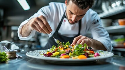Chef meticulously plating vibrant salad in kitchen