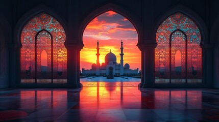 Majestic Mosque Sunset View through Ornate Archways in Abu Dhabi