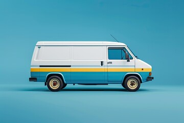 High Detail Picture of a White and Blue Van with a Yellow Stripe on the Side