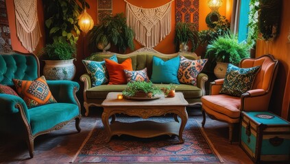 Obraz premium A cozy and eclectic living room with plush