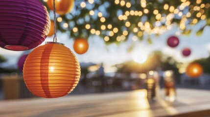 Fototapeta premium Lanterns in purple and orange hang above a bustling outdoor area filled with joy as the sun sets behind the trees, creating a warm atmosphere