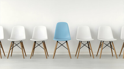 Row Of Modern Chairs With One Blue Chair