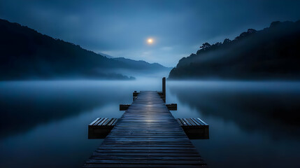 Fototapeta premium Wooden Pier On Misty Lake At Night With Moon