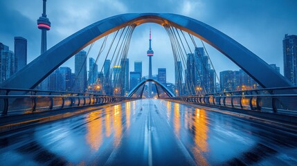 Fototapeta premium Modern City Skyline View Through Curved Bridge Arches At Dusk