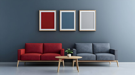 Modern Living Room With Red And Gray Sofas And Empty Frames