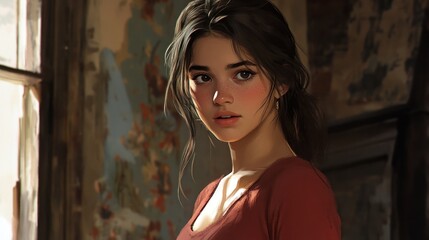 Fototapeta premium Young woman in a vintage room with sunlight streaming