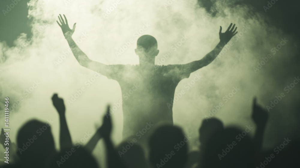 Poster audience members cheer enthusiastically while a performer with raised arms engages with the crowd, s