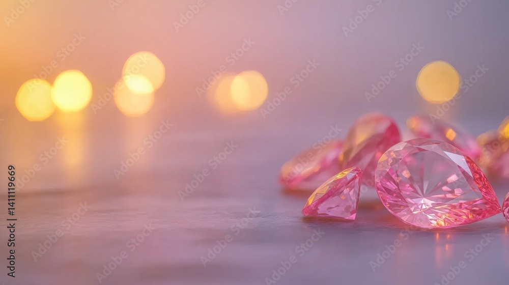 Poster scattered pink crystals reflect and refract soft light, creating an enchanting ambiance on a smooth 