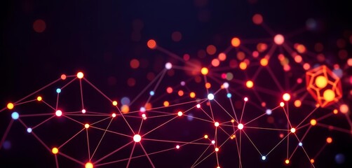 Abstract glowing network nodes and connections on dark background, high tech, digital transformation
