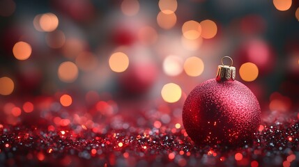 Fototapeta premium Red Christmas Ornament on Glitter Festive Background Lights Holiday Season