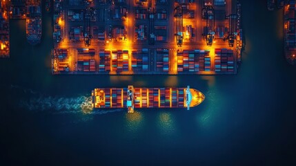 Fototapeta premium aerial view of a container ship navigating a bustling port at night with glowing lights illuminating the cargo and reflecting on the dark water