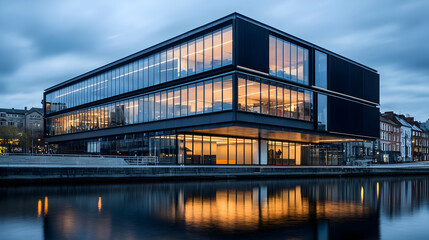 Obraz premium Modern Glass Building Reflecting On Canal At Dusk