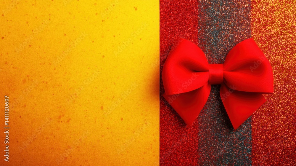 Poster a vibrant red bow rests on a glittering background of yellow and multiple shades, creating a cheerfu