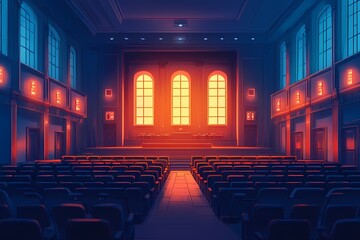 Modern Theater Auditorium with Dramatic Lighting and Empty Seats for Intimate Performances